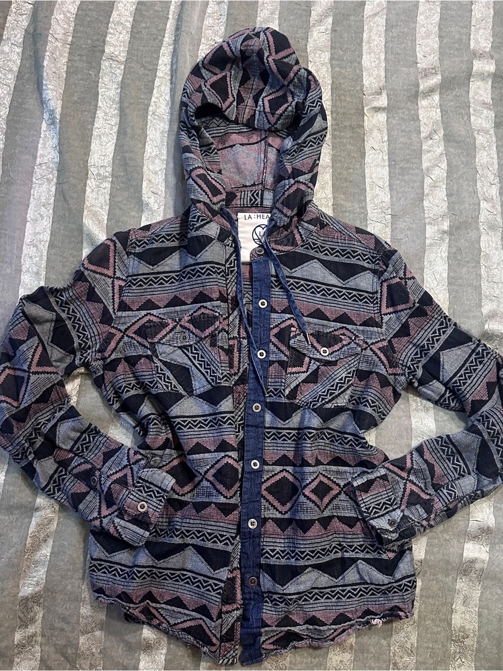 Y2K LA Hearts Indie Hooded Aztec Print Button Up